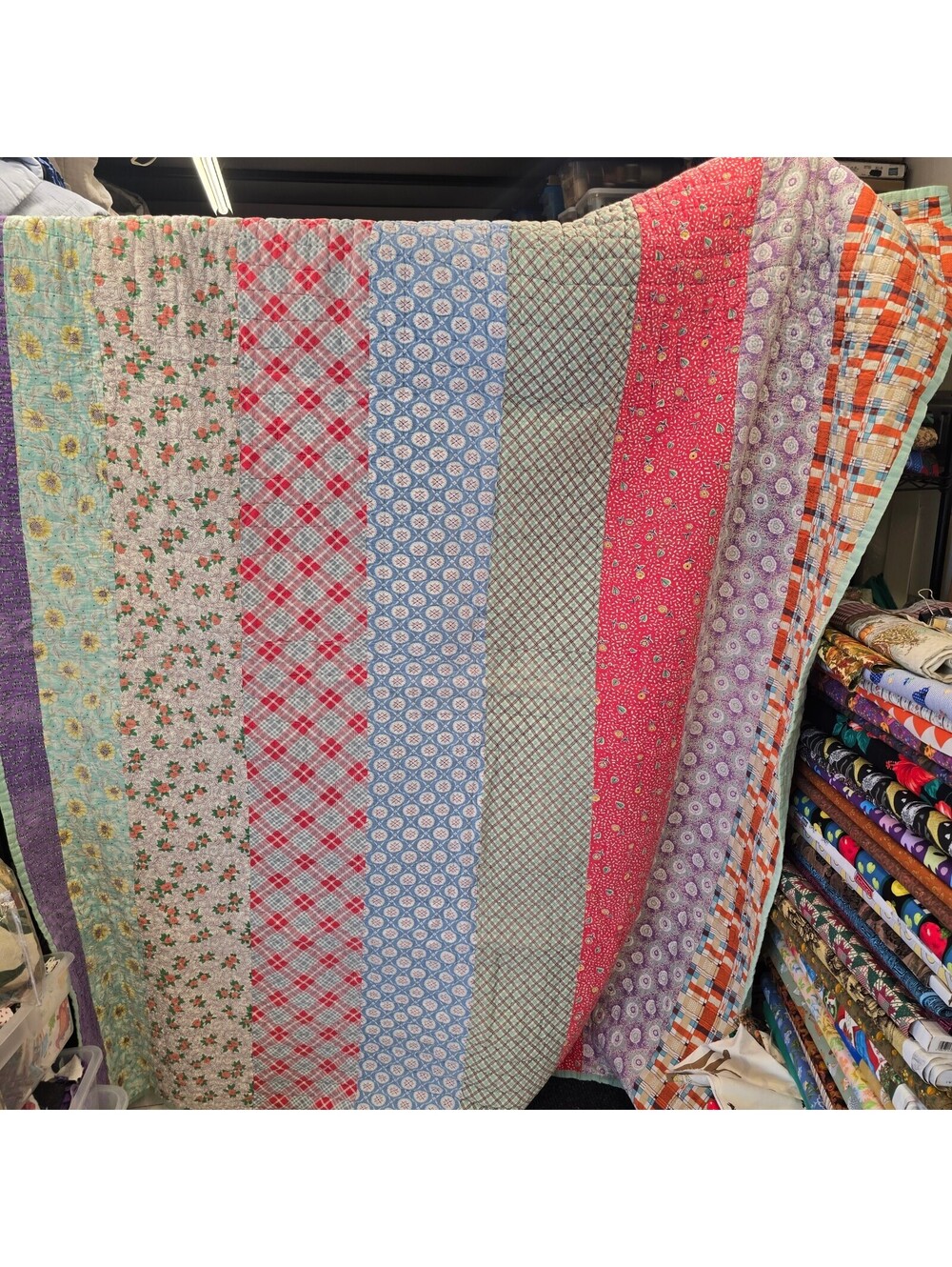 q39 Vintage Handmade Feedsack Stripes w Floral and Plaid Patterns 64 x 74